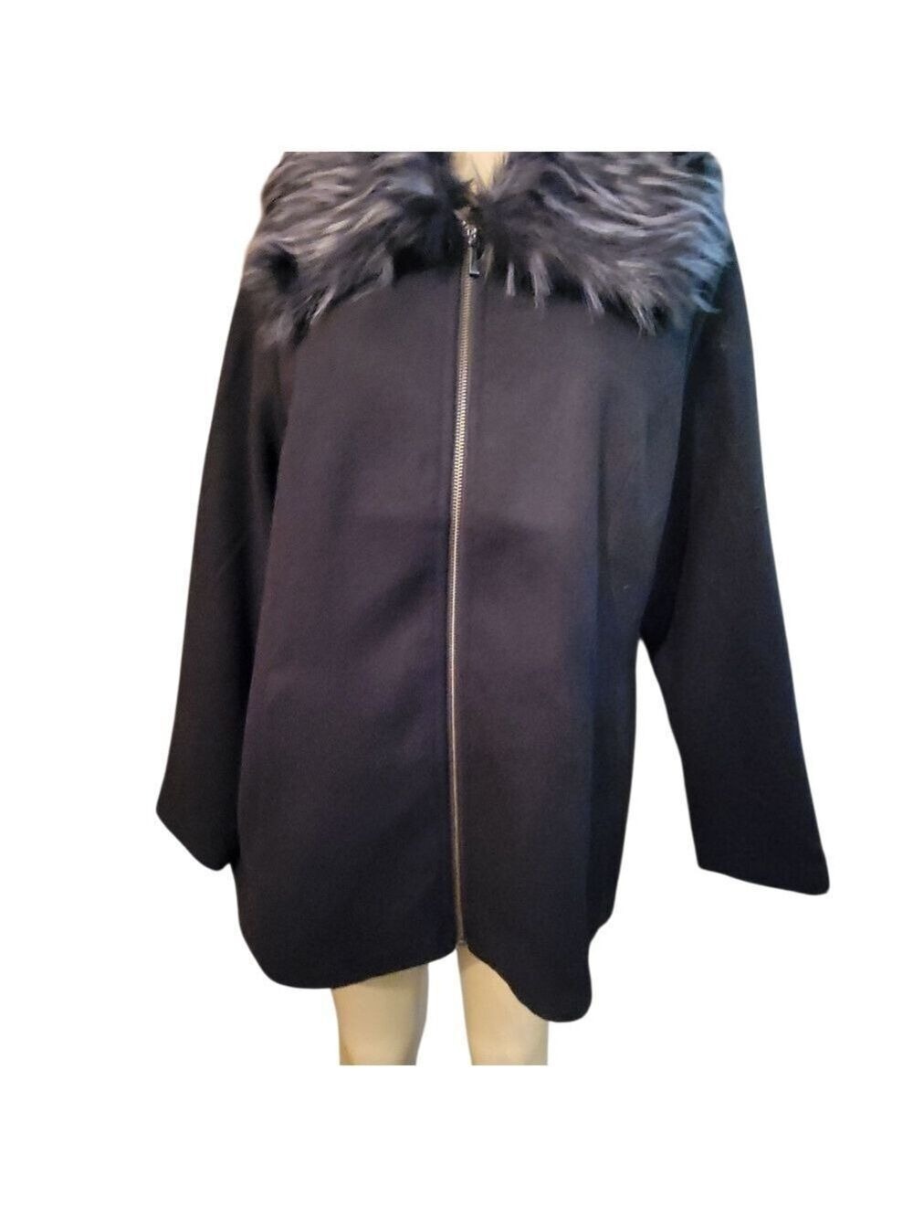Susan Graver Black Trench  Jacket Coat with Faux Fur Wool Winter Large - Picture 3 of 5